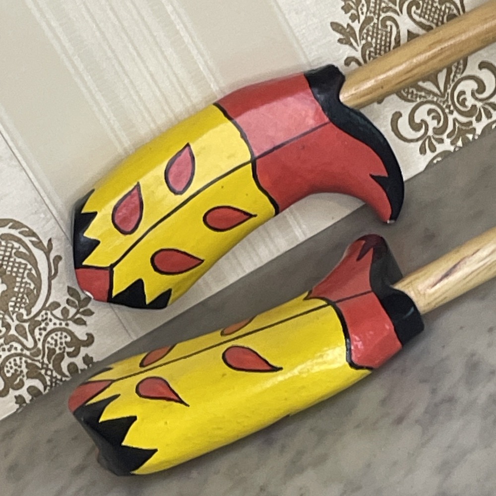 Southwest Themed Wooden Salad Spoons Solid Slotted Cowboy Boots Red Yellow Black
